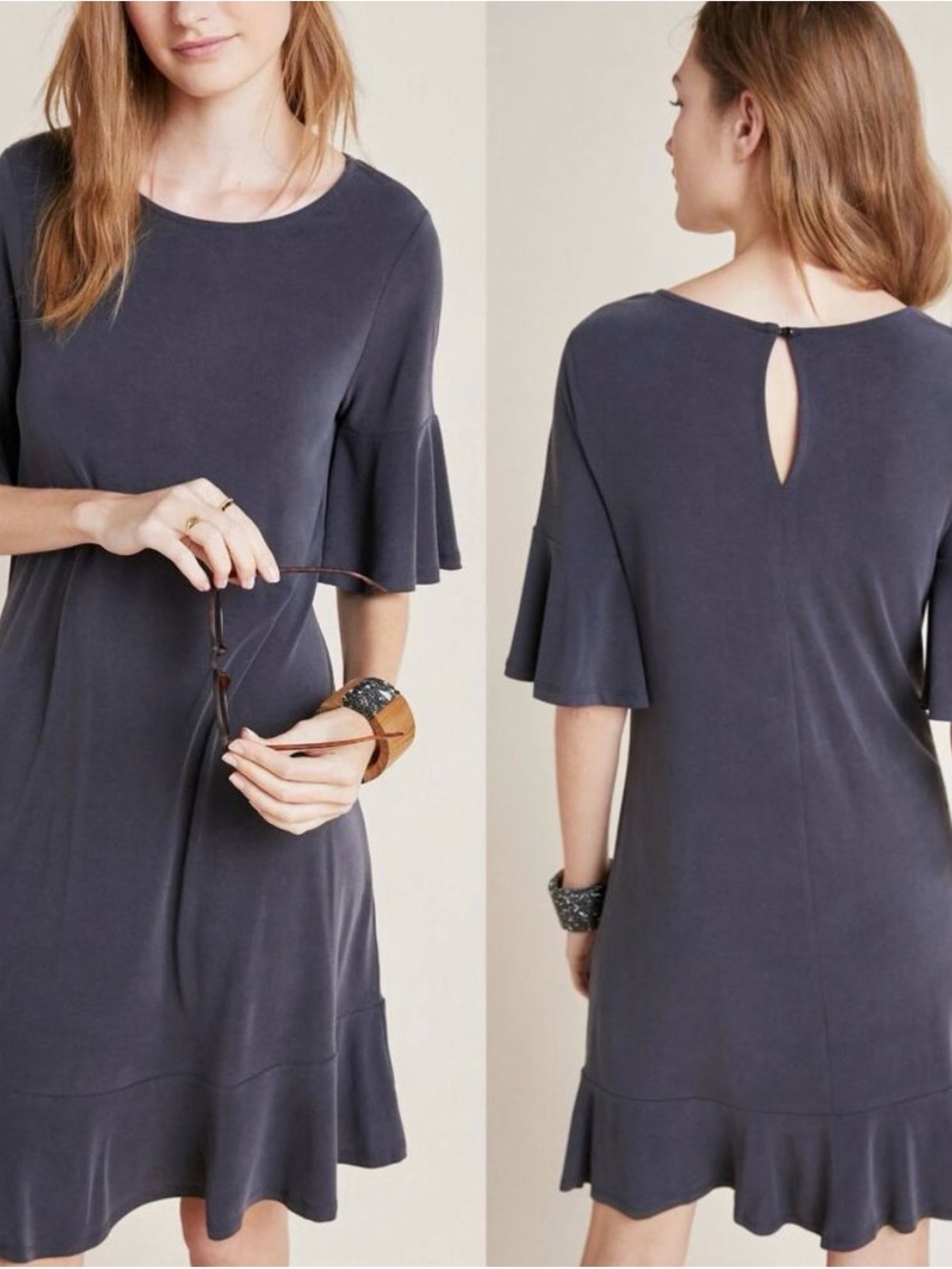 Anthropologie Ruffle-Sleeve Shift Dress in Charcoal